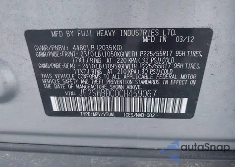 2012 Subaru Forester 2.5X Premium z USA, uszkodzony, nr VIN JF2SHBDC0CH459067